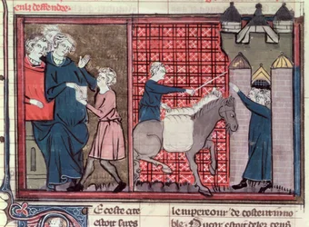Ms Fr 22495 Fol.37v En budbringer bliver sendt for at redde Antiochia, fra Le Roman de Godefroi de Bouillon, 1337