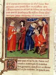 Ms Fr 22531 Fol.115 Urinundersøgelsen og heling af sår, fra Le Livre des Proprietes des Choses af Barthelemy lAnglais, ca. 1410-15