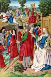 Fr 225 f.120 Ludvig XII (1462-1515) i samtale med Anne af Bretagne (1496-1533) illustration fra Remedes de lune et lautre Fortune af Petrarch (1304-74) 1503