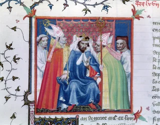 Ms. Fr. 2608, fol. 335v: Kroningen af Filip 3. (1245-85), fra Grandes Chroniques de France, ca. 1400