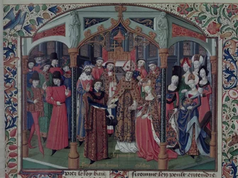 Fr 2629 fol.167 Dronning Melisande af Jerusalem (1109-60) giftede sig med Fulk V af Anjou (1092-1143), fra Histoire de la conquete of Jerusalem af William af Tyrus (ca. 1130-85) ca. 1470