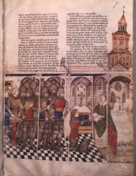 Fru Fr 343 fol. 7 Jagten på den hellige gral og Arthurs død, ridder aflægger ed