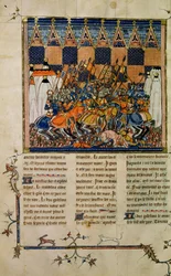 Fru Fr. 352 fol. 49v Battle scene, fra biografien om Godefroi de Bouillon, A History of Western Saints