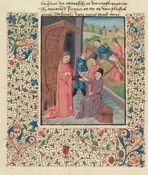 Ms Fr 396 fol.80v En læge, der behandler frakturer, fra La Grande Chirurgie af Guy de Chauliac
