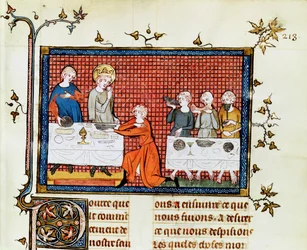 Fru Fr. 5716 f.213 St. Louis Feeding the Poor, from Life and Miracles of St. Louis, c.1330-40