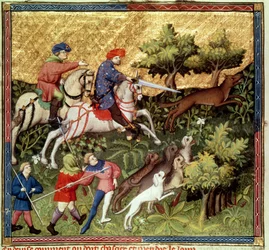 Fr 616 fol.96v Ulvejagt, fra en bog af Gaston Phebus de Foix (1331-91)
