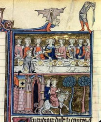 Fr 95 f.326 Kong Arthur og hans riddere rundt om bordet, fra lHistoire de Merlin, ca. 1280-90