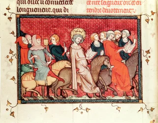 Fr. fol.48 Kongen dikterer sine timer, mens han rider på hest, fra Life and Miracles of St. Louis, ca. 1330-40