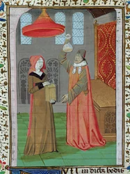 Ms H 7 fol.164r En læge, der undersøger St. Elizabeths urin for at se, om hun er gravid, fra Bibelen af Jean XXII