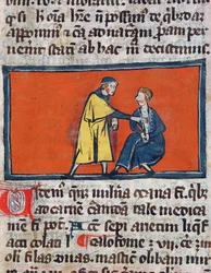 Ms H 89 En læge, der lægger salve på et patientens sår, fra en udgave af Book of Surgery af Rogier de Salerne
