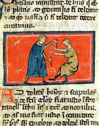 Ms H 89 Doktor, der kauteriserer et sår med ild, fra en udgave af Book of Surgery af Rogier de Salerne