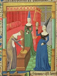 Ms Hunter 208 f.48v Feminine Vanities, fra The Fall of Princes, af Giovanni Boccaccio (1313-75) 1472