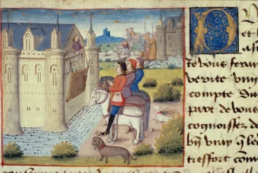 Ms Hunter 252 f.169v Voldgrav omkring en by, fra Les Cent Nouvelles Nouvelles, 1462