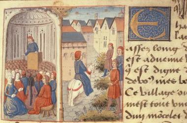 Ms Hunter 252 f.183r A Lecture and Strewing Rushes in the Streets, fra Les Cent Nouvelles Nouvelles, 1462