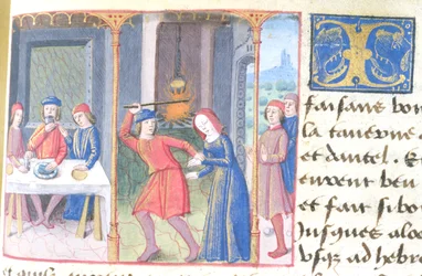 Ms Hunter 252 f.193r Meal, fra Les Cent Nouvelles Nouvelles, 1462