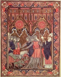 Ms Lat 10525 fol.6 Abraham præsenterer sine fanger og sit bytte for Melkisedek fra St. Louis-psalteren, ca. 1258-70