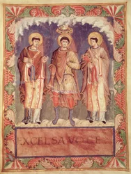 Ms. Lat. 1141, fol. 2v: Karl 2.s kroning (823-877) med ærkebiskopperne af Reims og Trier, fra Metz-sakramentariet