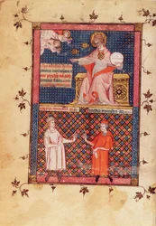 Ms Lat 14023 fol.1v Gud skaber medicin og giver viden til lægerne, fra Medicinkanonen af Avicenna (Ibn Sina) (980-1037) oversat af Gerard de Cremone (1114087) c.1320