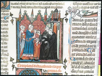 Ms Lat 3893 Fol.98 Forældre tilbyder en biskop penge til at tage deres søn med ind i klosteret, 1314