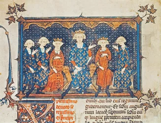 Ms Lat 8504 f.1v Philip IV (1268-1314) af Frankrig med sine fire børn og bror Charles af Valois