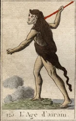 Myth of the Ages of Humanity: en repræsentation af den frækne tidsalder, som en ung mand med et løveskind og et spydvåben. (Bronzealderen afbildet som en ung mand, klædt med en løvepels og bevæbnet med et spyd). Fra "Mythology of Youth" af Pierre Blanchard