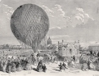 Nadars ballon, Le Géant klargøres på Champ de Mars, Paris til sin første flyvning den 4. oktober 1863, illustration fra Paris a Travers Les Siecles: Tome 5, 1889