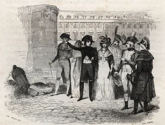 Napoleon går med Madame Tallien, født theresa Cabarrus, prinsesse af Caraman, prinsesse af Caraman Chimay (1773 - 1835) place Vendome i Paris - indgravering i "Les rues de Paris". Gamle og moderne Paris: oprindelse, historie, monumenter, kostumer, moral, c