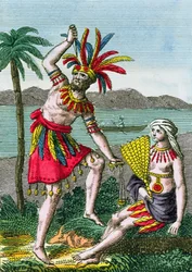 Indfødte indbyggere på Marquesas-øerne, illustration fra Histoire des Voyages Autour du Monde af J. Dufay, udgivet af Courvalet & Co., Paris, 1826 (farvegravering)