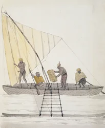 Indfødte fra Iles Basses og afbalanceret sejlkano, akvarel af Jules-Louis Lejeune, fra Duperrey