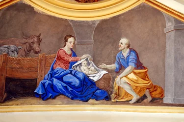 Julekrybbe. Holly Familien. St. Nicolas de Veroce kirke. Maler Frankrig.