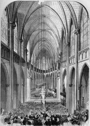 Neogotisk arkitektur: Indvendigt billede af kirken Sainte Clotilde (1846-1857), i Paris, under dens indvielse den 30. november 1857. Indgravering af Bertrand i "" Le Monde Illustré"" nr. 34 af 5. december 1857.