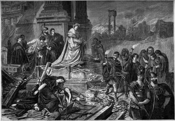 Neron efter branden i Rom i 64. Stik efter maleri af Karl Theodor von Piloty (1826-1886). I "" Le Monde Illustré"" nr. 283 af 13. september 1862.