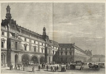 Nye bygninger i Tuilerierne på Place du Carrousel (gravering) - Det nye Louvre - facade på siden af ​​Place du Carrousel og Salle des Etats - gravering af 1869