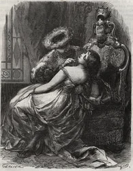 Dejlig hals! At en bøddel gerne ville skære ham af! Kong Henrik VIII af England (1491-1547) med sin kone, Catherine Parr (1512-1548). Indgravering fra 1871 i "Histoire Des Cocus Celebres"" af Henry de Kock (1819-1892).