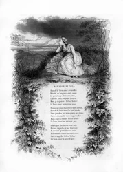 Ninas romantik. En ensom kvinde i brudekjole på kanten af en landevej. Indgravering i "" Chants et chansons populaire de la France", Tome 2