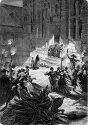 Noel i Frankrig under Ludvig XIII: Herren står foran døren til sit slot, mens en præst indvier den buche, der skal bringe velsignelse til boligen. På gården indrettede bønderne en slagter. 17. århundrede. Indgravering i "" Le Monde Ill