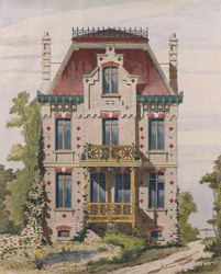Normannisk villa ved Villers sur mer, Normandiet, illustration fra Le Moniteur des architectes, 1883 (farvegravering)