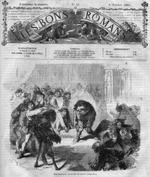Romanserie: "Notre Dame de Paris" af Victor Hugo (1802-1885). Publikum blev bange og grinede foran Quasimodo, klokkerne ringer. Indgravering i "" Les bons romances""