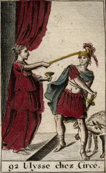 Odyssee af Homere: heltene Ulysses ved magikeren Circe. Bag ham forvandlede hun sine ledsagere til grise. (Homer