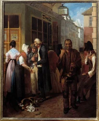 Kontor for Det Kongelige Lotteri under Restaurationen Anonyme maleri af det 19. århundrede. Sol. 0,61x0,51 m Paris, musee Carnavalet
