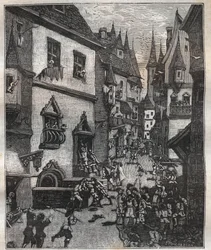 Den 20. maj 1636 blev otte falskmøntnere arresteret i rue Champfleuri af to politikommissærer ledsaget af et dusin sergenter - i "Paris a travers les siecles"" af Nicolas Jules Henri Gourdon de Genouillac (1826-1898)