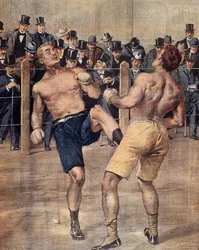 Et af de første frelste møder, fransk boksning, kæmpede i Paris i 1899, Farvegravering. Frankrig