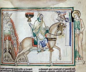 Åbning af det fjerde segl: Døden rider på den grønne hest. Miniature taget fra "The Apocalypse of Cambrai"" oplyst af den franske skole i det 13. århundrede. Fru 422. Kommunebibliotek, Cambrai