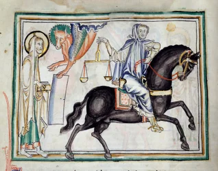 Åbningen af det tredje segl: en ridder på en sort hest, der holder en vægt, som symboliserer nød og hungersnød. Miniature fra “Cambrais Apokalypse”, illumineret af den franske skole fra det 13. århundrede. Ms. 422. Kommunalbiblioteket, Cambrai