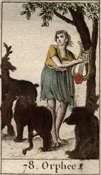 Orpheus charmerer de vilde dyr ved at spille sin lyre fra "Mythologie de la jeunesse" af Pierre Blanchard 1803.