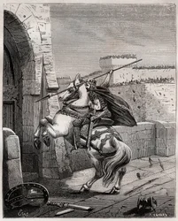 Otto II, Holy Roman Emperor før Paris - Otton II fra Det Hellige Empire, kendt som Roux (955-983), der ikke er i stand til at trænge ind i Paris (Paris hovedkvarter, 978), går videre under væggene i byen for at plante hans spyd i døren - gravering i