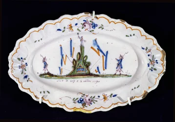Oval tallerken med inskriptionen Vive le Roi et la Nation 1790, Nevers værksted, (keramik)