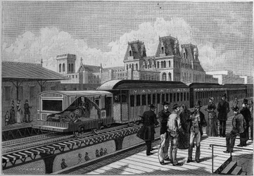 Oversigt over Elevated Railroad station og elektriske tog i New York, USA. Indgravering i "" La Nature. Revue des sciences et de ses applications aux arts et a l