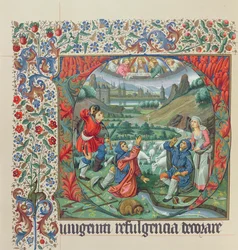 Side fra en faksimileudgave af Missel de Jouvenel des Ursins med en historisk initial og udsigt over Paris og Seinen i det 15. århundrede