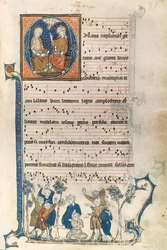 Side fra et manuskript til en parisisk sangerinde med illustrationer af den hellige treenighed og spillet Blind Mans Bluff, ca. 1280-1315